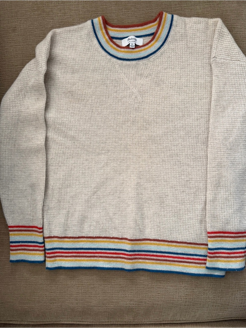 Madewell Cream (100% cashmere) Crewneck Sweater with Multi-Colored Stripe Trim